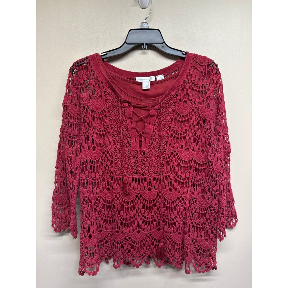 Christopher & Banks Red Crochet Lace Boho Peasant Blouse Top Large